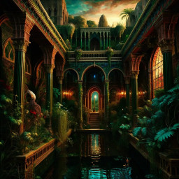 a stunning pre raphaelite painting of the hanging gardens of babylon hbg004