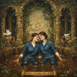 two relaxed young women in dark blue utility boilersuits enjoying a romantic waist deep mud bath together