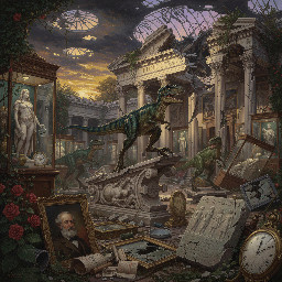 velociraptors roaming the ruins of the British Museum in a post-apocalyptic future