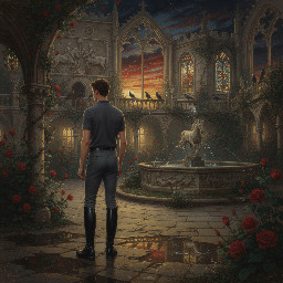 A slim young man in dark grey jodhpurs with a shiny finish, dark grey polo shirt, and black riding boots. Rear view