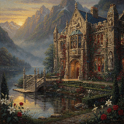 A large stone-built victorian gothic stately home in the mountains by a lake.