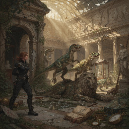 velociraptors roaming the ruins of the British Museum in a post-apocalyptic future, being covertly observed by a female adventurer in black combat pants and boots