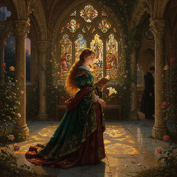 In the style of the Pre-Raphaelite Brotherhood, create an oil-painting-like image using lush detail, dramatic lighting, and Victorian-era aesthetics, based on: . Incorporate intricate linear details, rich intense colours, allegorical elements, and storytelling through architecture to evoke the emotional depth of Pre-Raphaelite art.