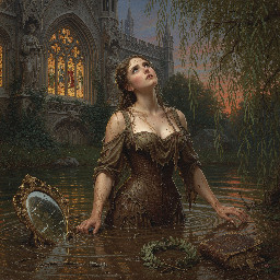 topless wench with breasts exposed waist-deep in a mud lake