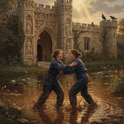 two happy young women in dark blue utility boilersuits enjoying a mud wrestling session in a castle moat
