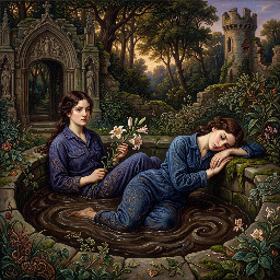 two relaxed young women in dark blue utility boilersuits enjoying a waist deep mud bath