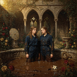two relaxed young women in dark blue utility boilersuits enjoying a waist deep mud bath