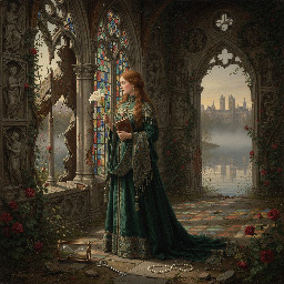 In the style of the Pre-Raphaelite Brotherhood, create an oil-painting-like image using lush detail, dramatic lighting, and Victorian-era aesthetics, based on: . Incorporate intricate linear details, rich intense colours, allegorical elements, and storytelling through architecture to evoke the emotional depth of Pre-Raphaelite art.