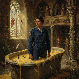 a dusky maiden in a dark blue utility boilersuit being put to the test in a bath of custard