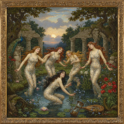 water nymphs in diaphanous transparent jumpsuits frolicing in a dew pond in ancient england