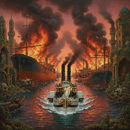 a narrow sea strait in the middle east, crowded with tankers and bulk carriers, several of which are on fire, and wrecked and half-sunk warships.  Through it all, steaming sereenly towards the viewer, a pristine 19th century style steam freighter.
