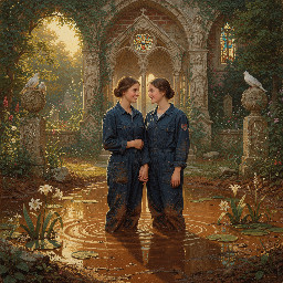 two relaxed young women in dark blue utility boilersuits enjoying a romantic waist deep mud bath together