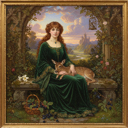 Black and white picture, of a lady seated with a doe, with some blackberries at her feet. She has long curly hair with a fringe, and a beautiful yet simple dress
