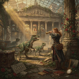 velociraptors roaming the ruins of the British Museum in a post-apocalyptic future, , being covertly observed by a female adventurer