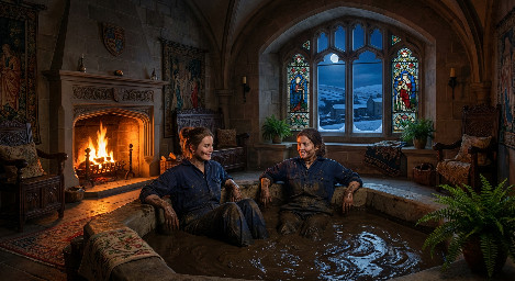two relaxed young women in dark blue boilersuits sharing a mudbath together in a warm castle bathing chamber heated by a roaring fire, overlooking the snow-covered Yorkshire dales at night