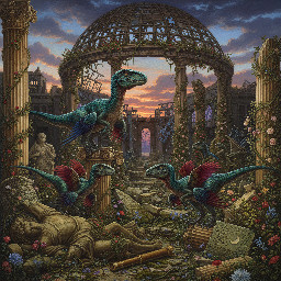 velociraptors roaming the ruins of the British Museum in a post-apocalyptic future