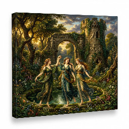 water nymphs in diaphanous transparent jumpsuits frolicing in a dew pond in ancient england