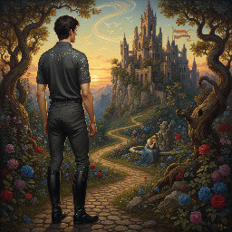 A slim young man in dark grey jodhpurs with a shiny finish, dark grey polo shirt, and black riding boots. Rear view