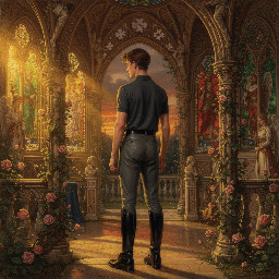 A slim young man in dark grey jodhpurs with a shiny finish, dark grey polo shirt, and black riding boots. Rear view