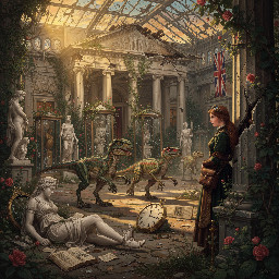 velociraptors roaming the ruins of the British Museum in a post-apocalyptic future, , being covertly observed by a female adventurer