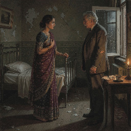 {a dimly lit|shadow-drenched|moonlit} {bedroom|sparse attic room|small but cozy apartment}, where the air is thick with {unspoken desire|electric tension|desperate longing}. Dheeraj, a {voluptuous|delicate yet strong|weathered but beautiful} 45-year-old maid in a {slightly frayed|modest yet clinging|simple but sensual} {sari|nightgown|traditional wrap}, stands {half-turned|hesitantly facing|leaning against} Vijay, her 56-year-old landlord—a {broad-shouldered|silver-haired and distinguished|powerfully built} man whose {rough hands|aristocratic features|unkempt beard} betray {years of lonely restraint|suppressed hunger|quiet dominance}. Their eyes lock in {a moment of raw vulnerability|silent complicity|hungry hesitation}, her {sari strap|shoulder|hair} slipping {unconsciously|provocatively|accidentally}, his fingers {hovering|clenching|already tracing} the {curve of her waist|bare skin of her arm|edge of her garment}. The background hints at {a hastily abandoned cup of tea|a single flickering lamp|a half-open door}, while the {cold night air|rain-streaked window|tangled bedsheets} underscores the {forbidden|inevitable|primal} act about to unfold. {Soft focus|High contrast|Grainy film-like} lighting casts {dramatic shadows|a golden glow|a blue-tinged haze}, capturing the {clandestine|thunderous|desperate} energy of two people {breaking free|succumbing|colliding} after years of {stolen glances|unspoken words|burning frustration}.