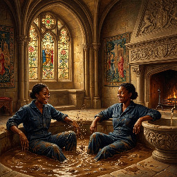 two happy women, mid 20s, black, in dark blue utility boilersuits enjoying a mudbath in a castle bathing chamber