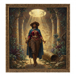 A nubian female adventurer/explorer wearing practical black combat trousers and boots, exploring a musterious ancient egyptian temple