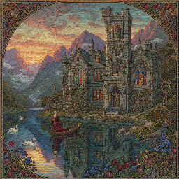 A large stone-built victorian gothic stately home in the mountains by a lake.