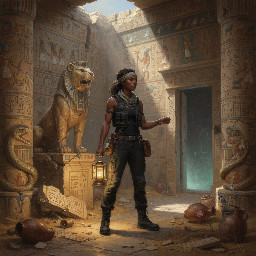 A nubian female adventurer/explorer wearing practical black combat trousers and boots, exploring a musterious ancient egyptian temple
