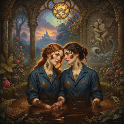 two relaxed young women in dark blue utility boilersuits enjoying a romantic waist deep mud bath together