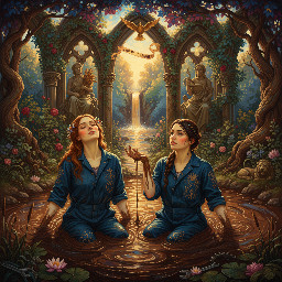 two relaxed young women in dark blue utility boilersuits enjoying a waist deep mud bath