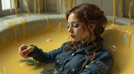 a fair maiden in a dark blue utility boilersuit being put to the test in a bath of custard