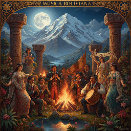Generar una portada para mi página de facebook "CONCIERTOS EN LA PAZ" (música boliviana), de fondo el magestuoso illimani con luna llena, y algunos matices tihuanacotas y musicales (quenas, zampoñas y bombos), con músicos interpretando musica. Simular el escenario artístico en la noche calida