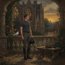 A slim young man in dark grey jodhpurs with a shiny finish, dark grey polo shirt, and black riding boots