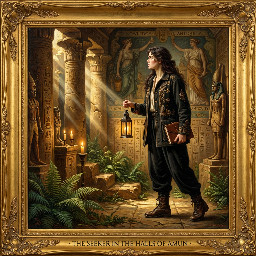 A female adventurer/explorer wearing practical black combat trousers and boots, exploring a musterious ancient egyptian temple