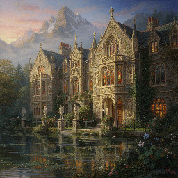 A large stone-built victorian gothic stately home in the mountains by a lake.