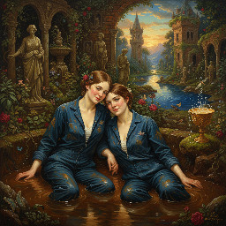 two relaxed young women in dark blue utility boilersuits enjoying a romantic waist deep mud bath together