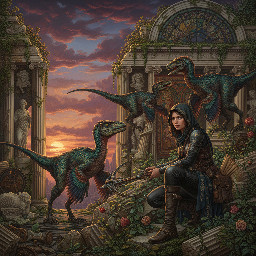 velociraptors roaming the ruins of the British Museum in a post-apocalyptic future, being covertly observed by a female adventurer in black combat pants and boots