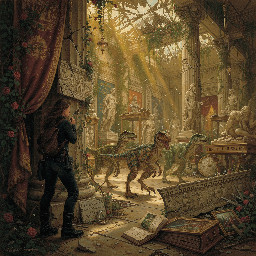 velociraptors roaming the ruins of the British Museum in a post-apocalyptic future, being covertly observed by a female adventurer in black combat pants and boots