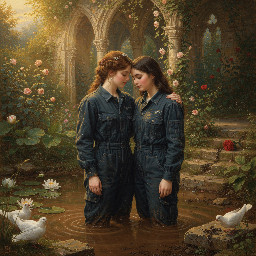 two relaxed young women in dark blue utility boilersuits enjoying a romantic waist deep mud bath together