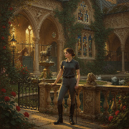 A slim young woman in dark grey jodhpurs with a shiny finish, dark grey polo shirt, and black riding boots.