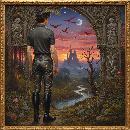 A slim young man in dark grey jodhpurs with a shiny finish, dark grey polo shirt, and black riding boots. Rear view