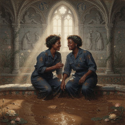 two happy women, mid 20s, black, in dark blue utility boilersuits enjoying a mudbath in a castle bathing chamber