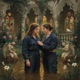 two relaxed young women in dark blue utility boilersuits enjoying a romantic waist deep mud bath together