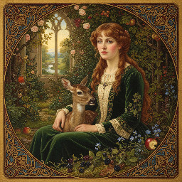 Black and white picture, of a lady seated with a doe, with some blackberries at her feet. She has long curly hair with a fringe, and a beautiful yet simple dress