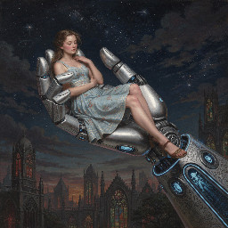 A young adult female, 17 years old, rests peacefully within the metallic palm of a futuristic robotic hand. She wears a light blue, sleeveless A-line dress with a delicate floral pattern and brown sandals. Her eyes are closed, face serene, with a soft, almost dreamlike expression. Her light brown hair is gently tousled around her face.   The robotic hand is intricately detailed, constructed from gleaming silver metal with segmented fingers and joints. Vibrant blue lights emanate from circular ports and along the edges of the hand and wrist, creating an ethereal glow.   The background is a deep, starry night sky with scattered constellations and wispy, dark clouds, suggesting a celestial or dreamlike setting. The composition is a close-up, angled perspective that emphasizes the contrast between the delicate human form and the imposing, advanced technology.   The overall mood is one of tranquil protection and futuristic wonder, with a touch of the surreal.   The lighting is dramatic, with the blue bioluminescence casting strong highlights and shadows on the girl and the robot.