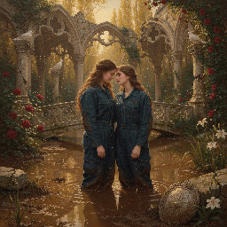 two relaxed young women in dark blue utility boilersuits enjoying a romantic waist deep mud bath together