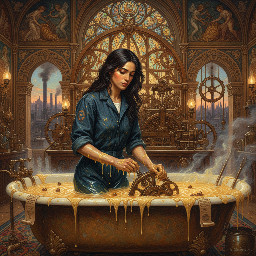 a dusky maiden in a dark blue utility boilersuit being put to the test in a bath of custard