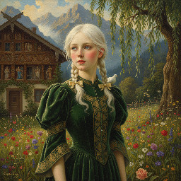 danish girl, light blue eyes, very white blonde hair, pale skin, blushing face, upturned nose,very blonde eyebrows, 14 years old, straight hair, short pig tails,short pigtails, two short pigtails , She has a toned, curvaceous, and sculpted body with a model-like physique, very skinny, looking to artist, ,close up portrait,, She is standing in a lush green meadow in Tyrol.