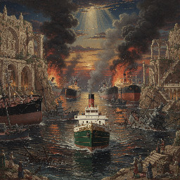 a narrow sea strait in the middle east, crowded with tankers and bulk carriers, several of which are on fire, and wrecked and half-sunk warships.  Through it all, steaming sereenly towards the viewer, a pristine 19th century style steam freighter.